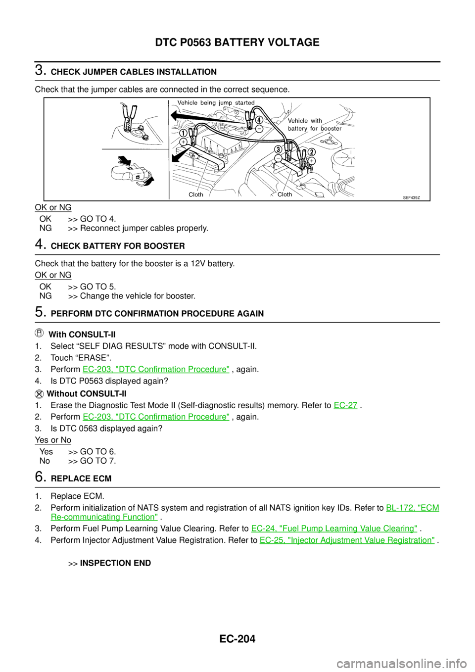 NISSAN NAVARA 2005 Repair Workshop Manual EC-204
DTC P0563 BATTERY VOLTAGE
3.CHECK JUMPER CABLES INSTALLATION
Check that the jumper cables are connected in the correct sequence.
OK or NG
OK >> GO TO 4.
NG >> Reconnect jumper cables properly.
NISSAN NAVARA 2005 Repair Workshop Manual EC-204
DTC P0563 BATTERY VOLTAGE
3.CHECK JUMPER CABLES INSTALLATION
Check that the jumper cables are connected in the correct sequence.
OK or NG
OK >> GO TO 4.
NG >> Reconnect jumper cables properly.