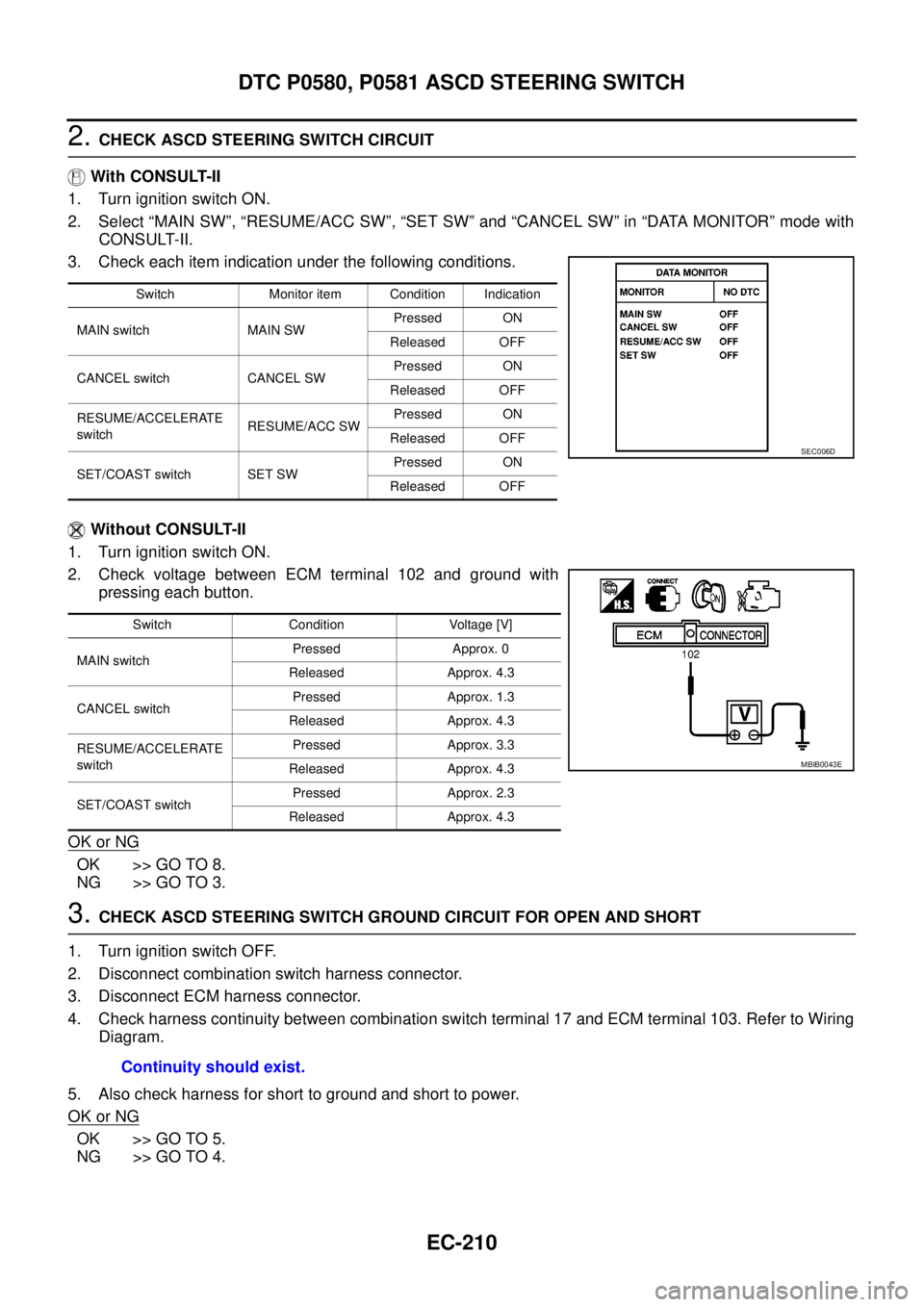 NISSAN NAVARA 2005 Repair Workshop Manual EC-210
DTC P0580, P0581 ASCD STEERING SWITCH
2.CHECK ASCD STEERING SWITCH CIRCUIT
With CONSULT-II
1. Turn ignition switch ON.
2. Select “MAIN SW”, “RESUME/ACC SW”, “SET SW” and “CANCEL S NISSAN NAVARA 2005 Repair Workshop Manual EC-210
DTC P0580, P0581 ASCD STEERING SWITCH
2.CHECK ASCD STEERING SWITCH CIRCUIT
With CONSULT-II
1. Turn ignition switch ON.
2. Select “MAIN SW”, “RESUME/ACC SW”, “SET SW” and “CANCEL S