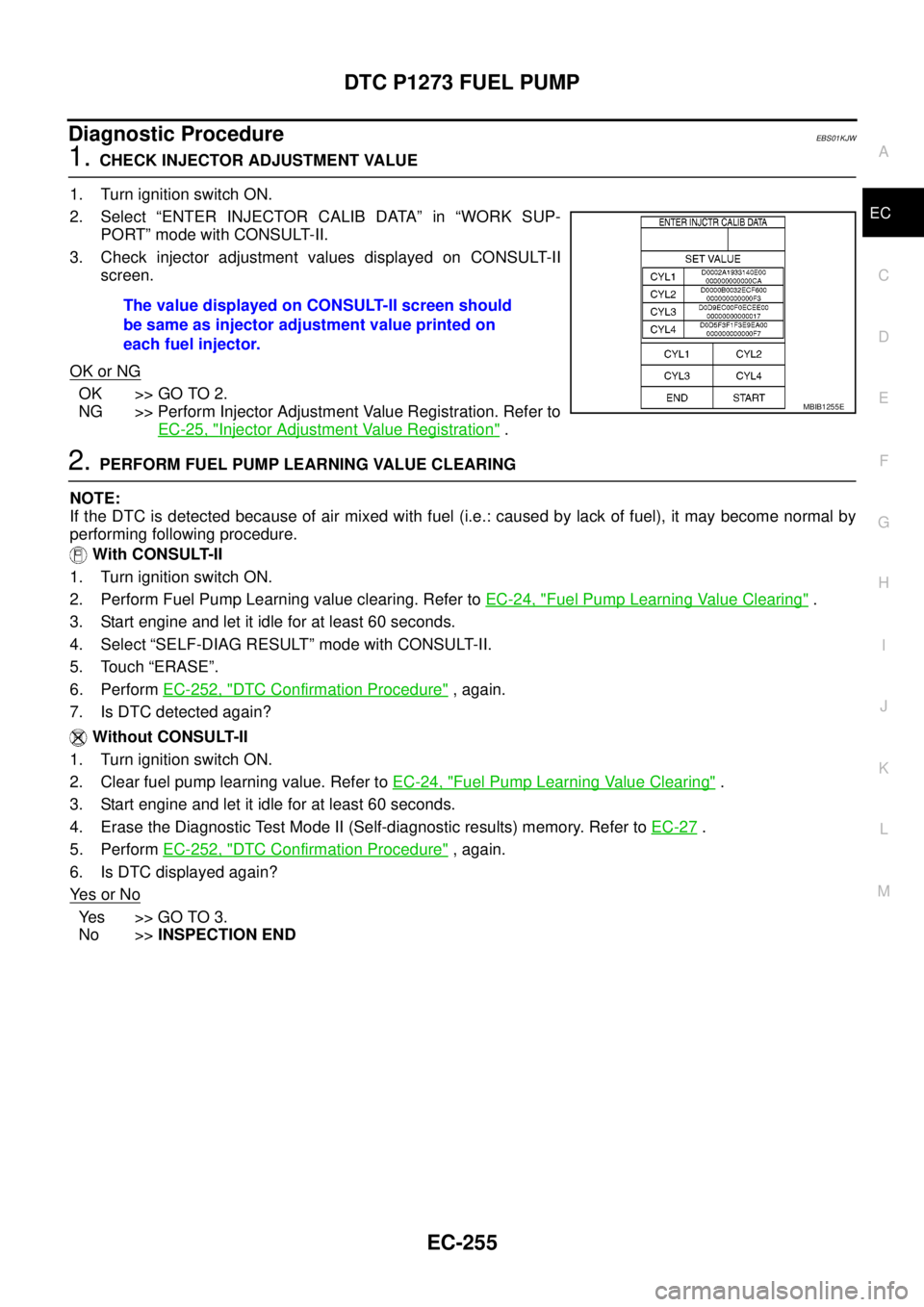 NISSAN NAVARA 2005 Repair Workshop Manual DTC P1273 FUEL PUMP
EC-255
C
D
E
F
G
H
I
J
K
L
MA
EC
Diagnostic ProcedureEBS01KJW
1.CHECK INJECTOR ADJUSTMENT VALUE
1. Turn ignition switch ON.
2. Select “ENTER INJECTOR CALIB DATA” in “WORK SUP NISSAN NAVARA 2005 Repair Workshop Manual DTC P1273 FUEL PUMP
EC-255
C
D
E
F
G
H
I
J
K
L
MA
EC
Diagnostic ProcedureEBS01KJW
1.CHECK INJECTOR ADJUSTMENT VALUE
1. Turn ignition switch ON.
2. Select “ENTER INJECTOR CALIB DATA” in “WORK SUP
