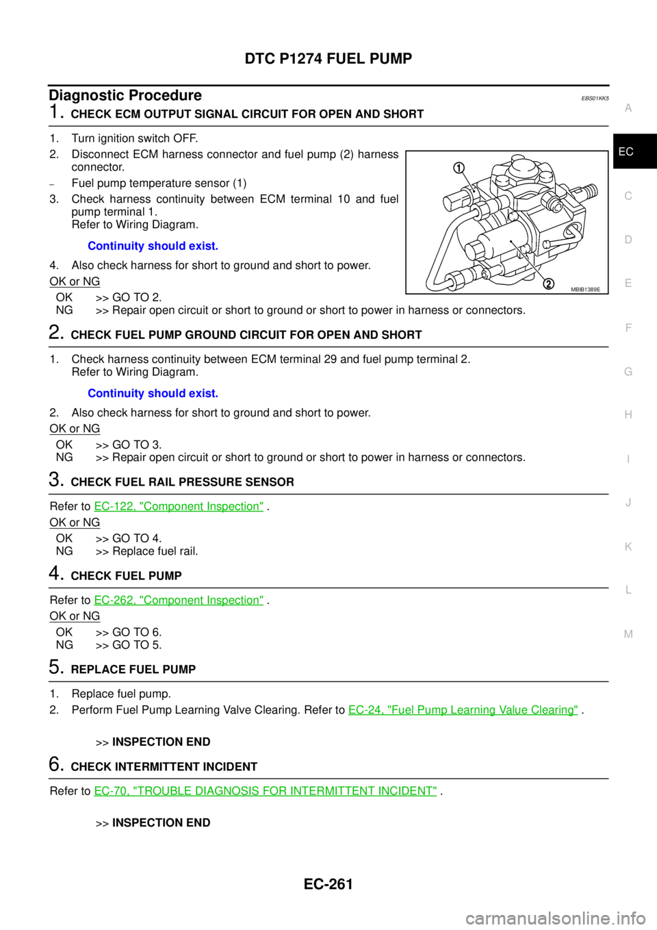 NISSAN NAVARA 2005 Repair Workshop Manual DTC P1274 FUEL PUMP
EC-261
C
D
E
F
G
H
I
J
K
L
MA
EC
Diagnostic ProcedureEBS01KK5
1.CHECK ECM OUTPUT SIGNAL CIRCUIT FOR OPEN AND SHORT
1. Turn ignition switch OFF.
2. Disconnect ECM harness connector NISSAN NAVARA 2005 Repair Workshop Manual DTC P1274 FUEL PUMP
EC-261
C
D
E
F
G
H
I
J
K
L
MA
EC
Diagnostic ProcedureEBS01KK5
1.CHECK ECM OUTPUT SIGNAL CIRCUIT FOR OPEN AND SHORT
1. Turn ignition switch OFF.
2. Disconnect ECM harness connector