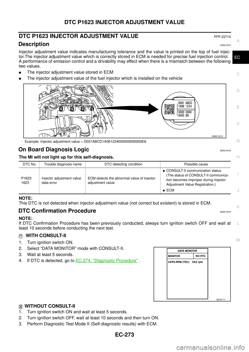 NISSAN NAVARA 2005 Repair Workshop Manual DTC P1623 INJECTOR ADJUSTMENT VALUE
EC-273
C
D
E
F
G
H
I
J
K
L
MA
EC
DTC P1623 INJECTOR ADJUSTMENT VALUEPFP:23710
DescriptionEBS01KKP
Injector adjustment value indicates manufacturing tolerance and th NISSAN NAVARA 2005 Repair Workshop Manual DTC P1623 INJECTOR ADJUSTMENT VALUE
EC-273
C
D
E
F
G
H
I
J
K
L
MA
EC
DTC P1623 INJECTOR ADJUSTMENT VALUEPFP:23710
DescriptionEBS01KKP
Injector adjustment value indicates manufacturing tolerance and th