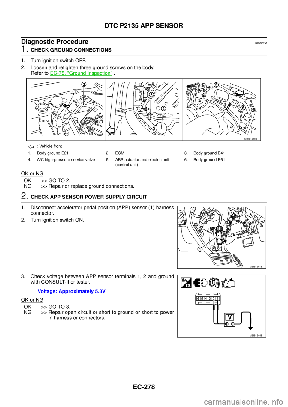 NISSAN NAVARA 2005  Repair Workshop Manual EC-278
DTC P2135 APP SENSOR
Diagnostic Procedure
EBS01KKZ
1.CHECK GROUND CONNECTIONS
1. Turn ignition switch OFF.
2. Loosen and retighten three ground screws on the body.
Refer toEC-78, "
Ground Inspe