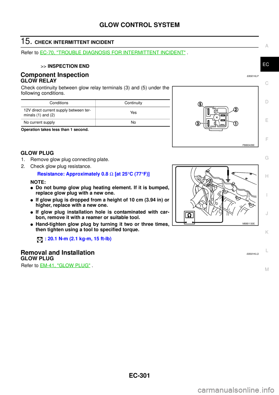 NISSAN NAVARA 2005 Repair Workshop Manual GLOW CONTROL SYSTEM
EC-301
C
D
E
F
G
H
I
J
K
L
MA
EC
15.CHECK INTERMITTENT INCIDENT
Refer toEC-70, "
TROUBLE DIAGNOSIS FOR INTERMITTENT INCIDENT".
>>INSPECTION END
Component InspectionEBS01KLP
GLOW RE NISSAN NAVARA 2005 Repair Workshop Manual GLOW CONTROL SYSTEM
EC-301
C
D
E
F
G
H
I
J
K
L
MA
EC
15.CHECK INTERMITTENT INCIDENT
Refer toEC-70, "
TROUBLE DIAGNOSIS FOR INTERMITTENT INCIDENT".
>>INSPECTION END
Component InspectionEBS01KLP
GLOW RE