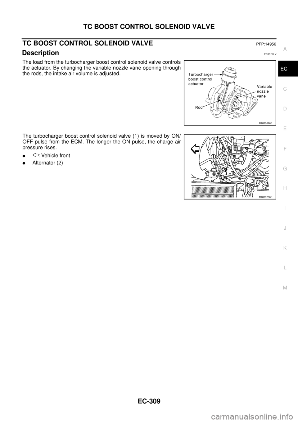 NISSAN NAVARA 2005  Repair Workshop Manual TC BOOST CONTROL SOLENOID VALVE
EC-309
C
D
E
F
G
H
I
J
K
L
MA
EC
TC BOOST CONTROL SOLENOID VALVEPFP:14956
DescriptionEBS01KLY
The load from the turbocharger boost control solenoid valve controls
the a