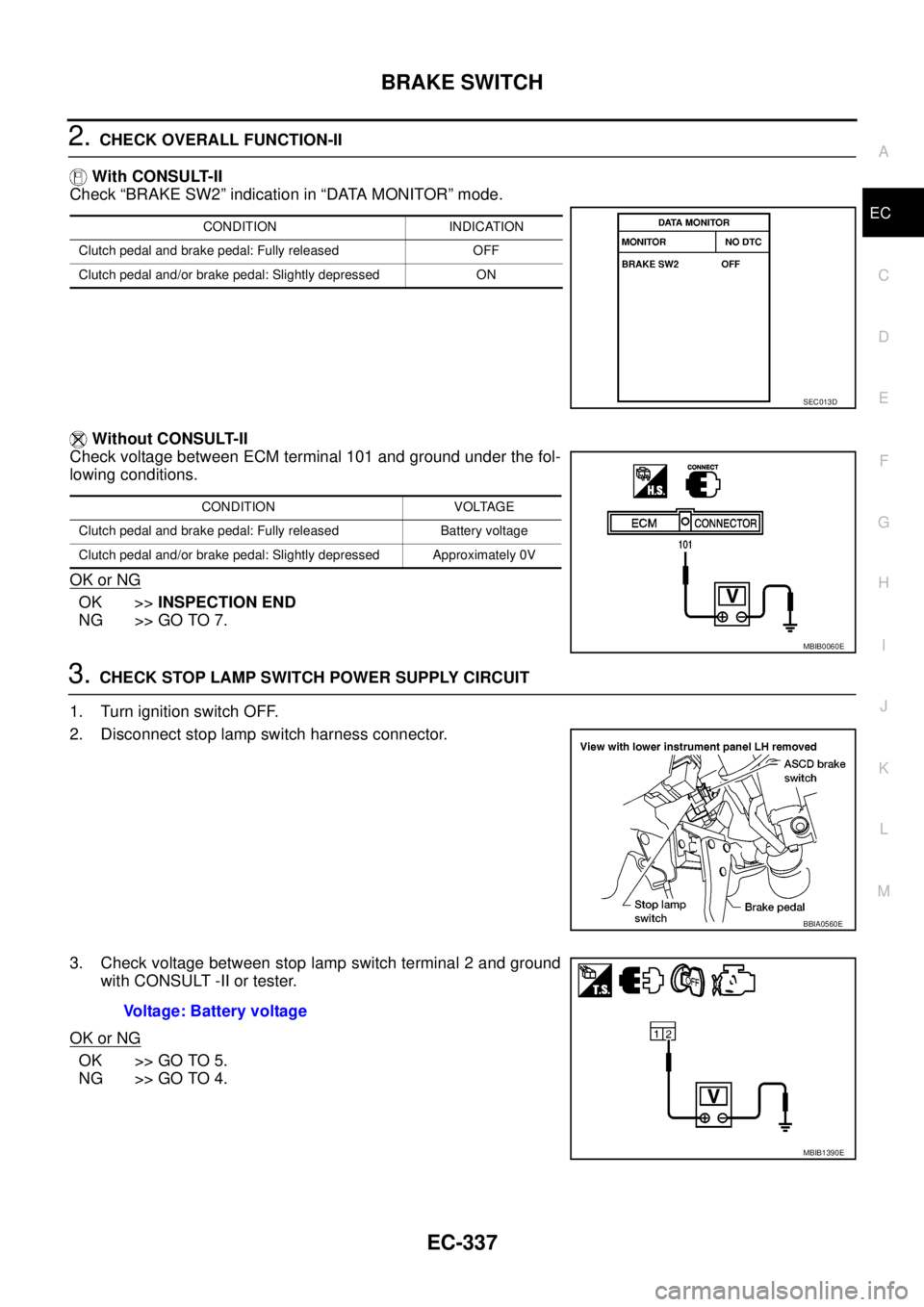 NISSAN NAVARA 2005  Repair Workshop Manual BRAKE SWITCH
EC-337
C
D
E
F
G
H
I
J
K
L
MA
EC
2.CHECK OVERALL FUNCTION-II
With CONSULT-II
Check “BRAKE SW2” indication in “DATA MONITOR” mode.
Without CONSULT-II
Check voltage between ECM term
