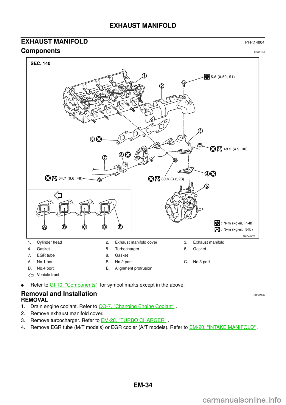NISSAN NAVARA 2005  Repair Workshop Manual EM-34
EXHAUST MANIFOLD
EXHAUST MANIFOLD
PFP:14004
ComponentsEBS01EJI
lRefer toGI-10, "Components"for symbol marks except in the above.
Removal and InstallationEBS01EJJ
REMOVAL
1. Drain engine coolant.