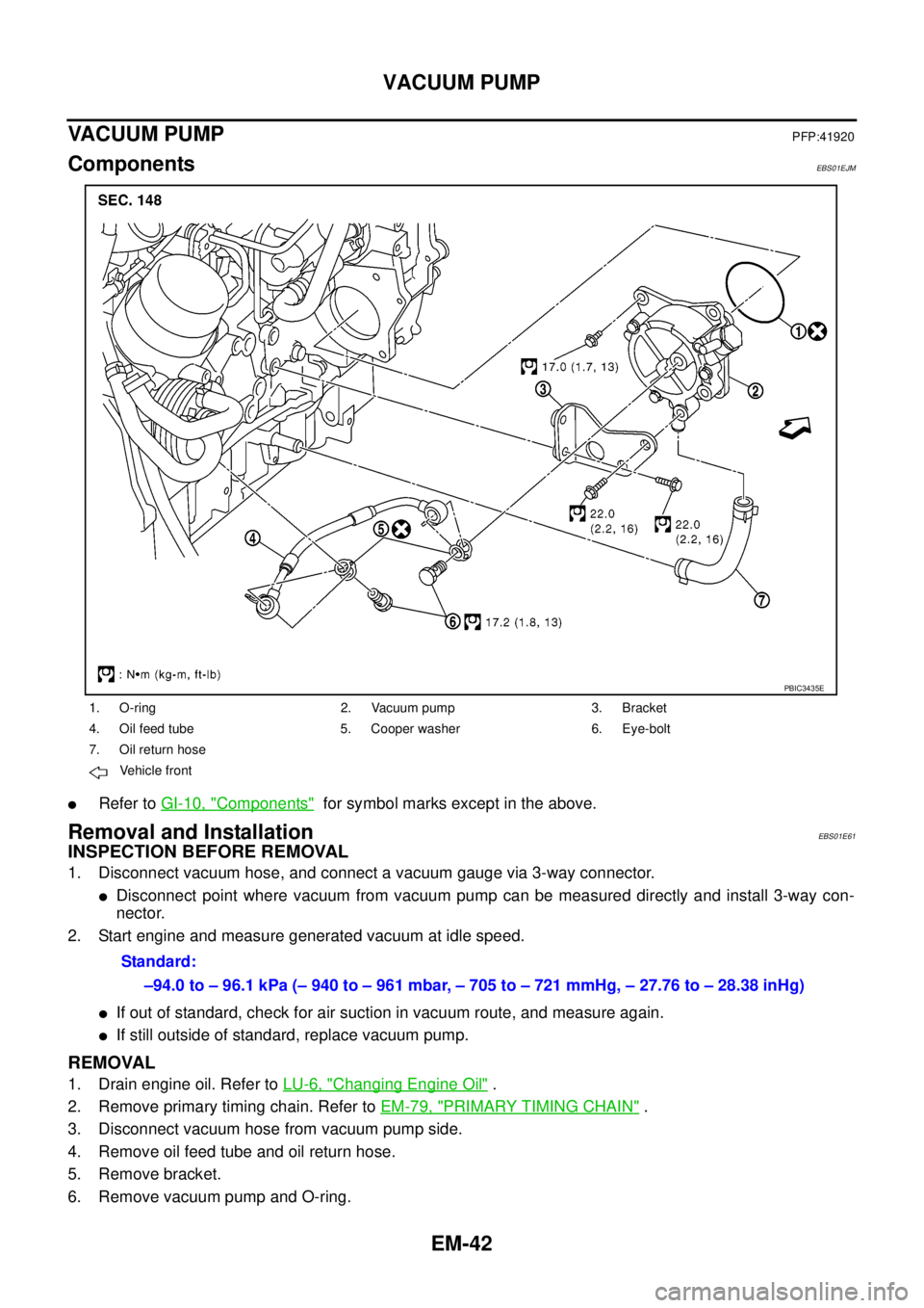 NISSAN NAVARA 2005  Repair Workshop Manual EM-42
VACUUM PUMP
VACUUM PUMP
PFP:41920
ComponentsEBS01EJM
lRefer toGI-10, "Components"for symbol marks except in the above.
Removal and InstallationEBS01E61
INSPECTION BEFORE REMOVAL
1. Disconnect va