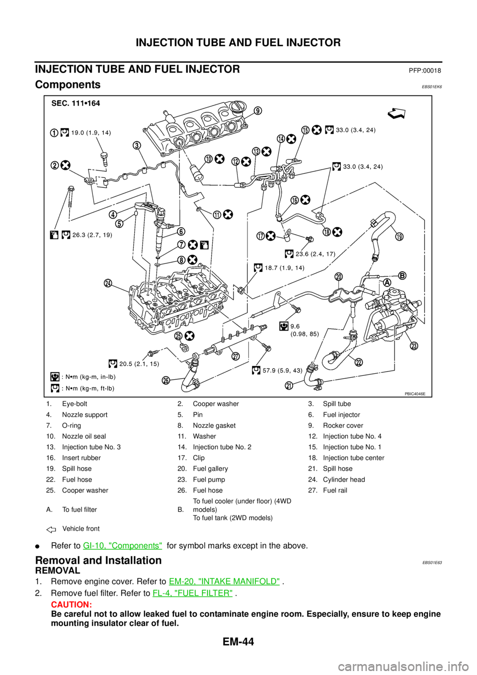 NISSAN NAVARA 2005  Repair Workshop Manual EM-44
INJECTION TUBE AND FUEL INJECTOR
INJECTION TUBE AND FUEL INJECTOR
PFP:00018
ComponentsEBS01EK6
lRefer toGI-10, "Components"for symbol marks except in the above.
Removal and InstallationEBS01E63
