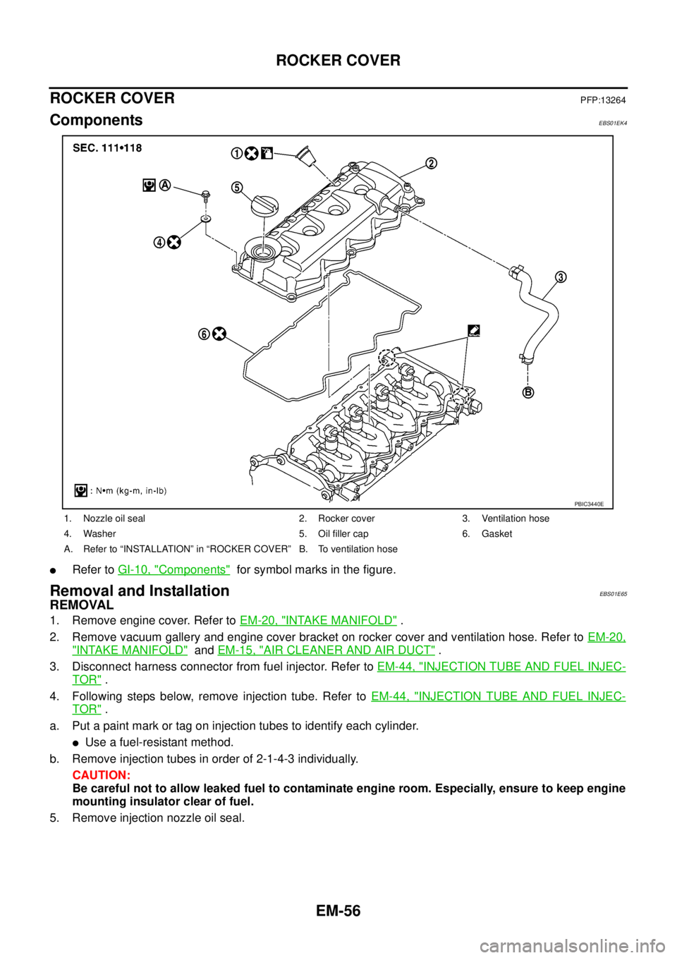 NISSAN NAVARA 2005  Repair Workshop Manual EM-56
ROCKER COVER
ROCKER COVER
PFP:13264
ComponentsEBS01EK4
lRefer toGI-10, "Components"for symbol marks in the figure.
Removal and InstallationEBS01E65
REMOVAL
1. Remove engine cover. Refer toEM-20,