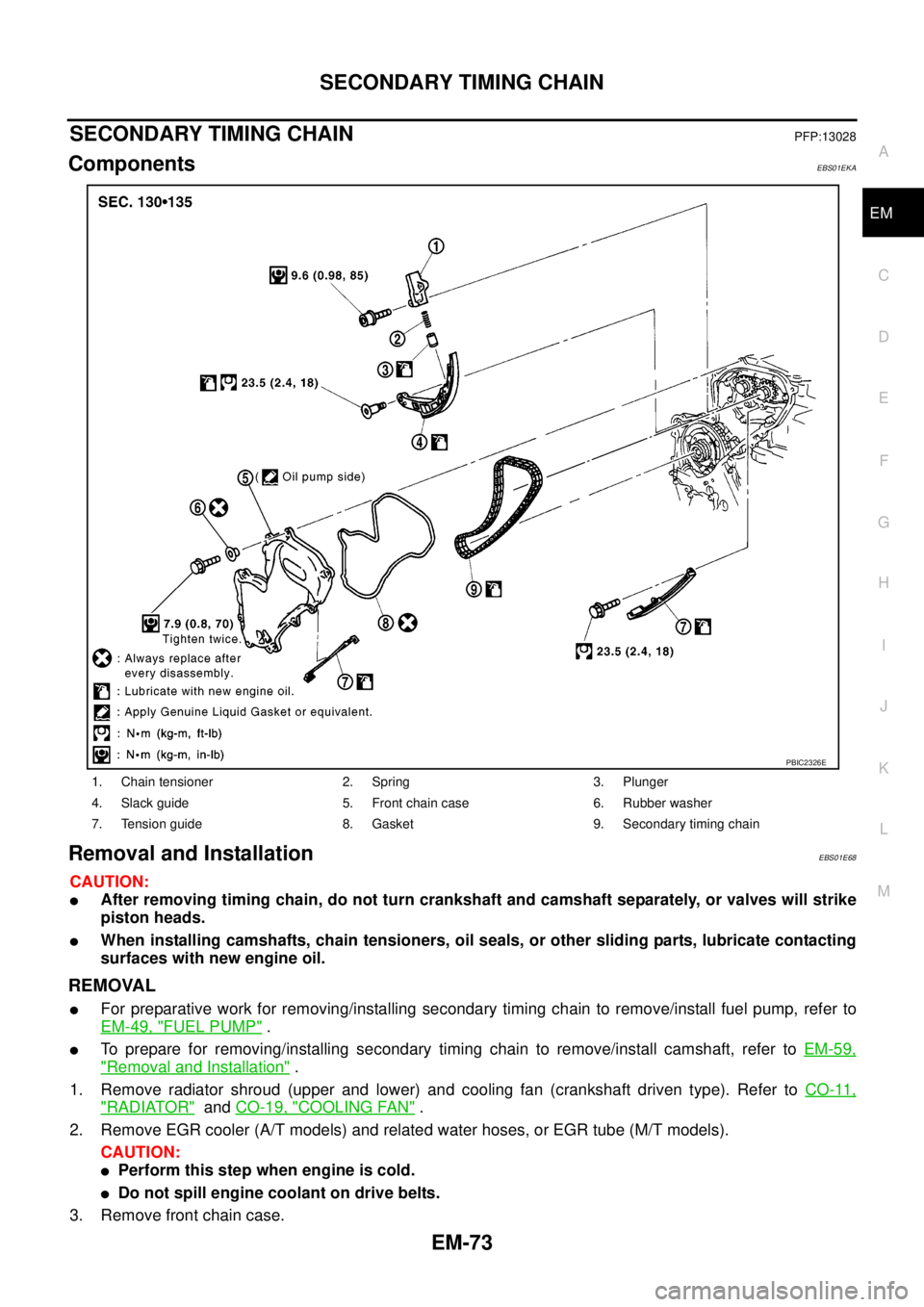 NISSAN NAVARA 2005  Repair Workshop Manual SECONDARY TIMING CHAIN
EM-73
C
D
E
F
G
H
I
J
K
L
MA
EM
SECONDARY TIMING CHAINPFP:13028
ComponentsEBS01EKA
Removal and InstallationEBS01E68
CAUTION:
lAfter removing timing chain, do not turn crankshaft