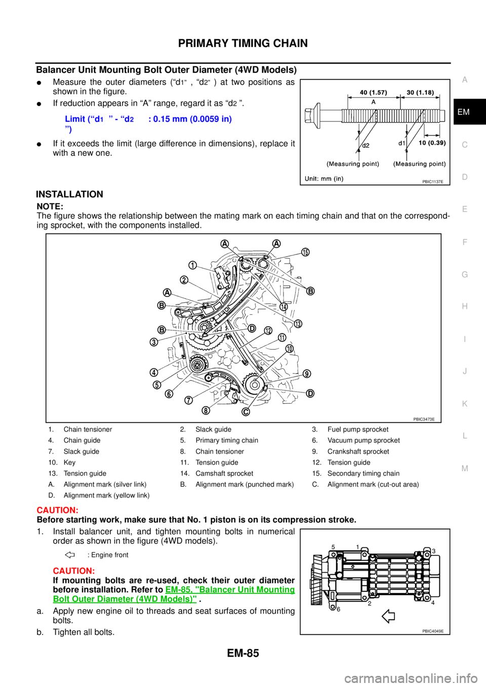 NISSAN NAVARA 2005  Repair Workshop Manual PRIMARY TIMING CHAIN
EM-85
C
D
E
F
G
H
I
J
K
L
MA
EM
Balancer Unit Mounting Bolt Outer Diameter (4WD Models)
lMeasure the outer diameters (“d1”,“d2”)attwopositionsas
showninthefigure.
lIf redu