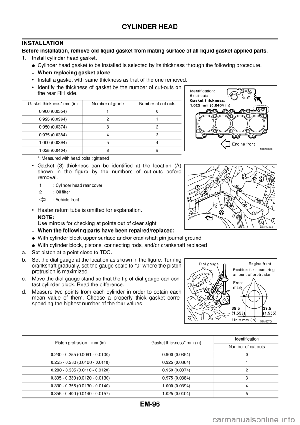 NISSAN NAVARA 2005  Repair Workshop Manual EM-96
CYLINDER HEAD
INSTALLATION
Before installation, remove old liquid gasket from mating surface of all liquid gasket applied parts.
1. Install cylinder head gasket.
lCylinder head gasket to be inst