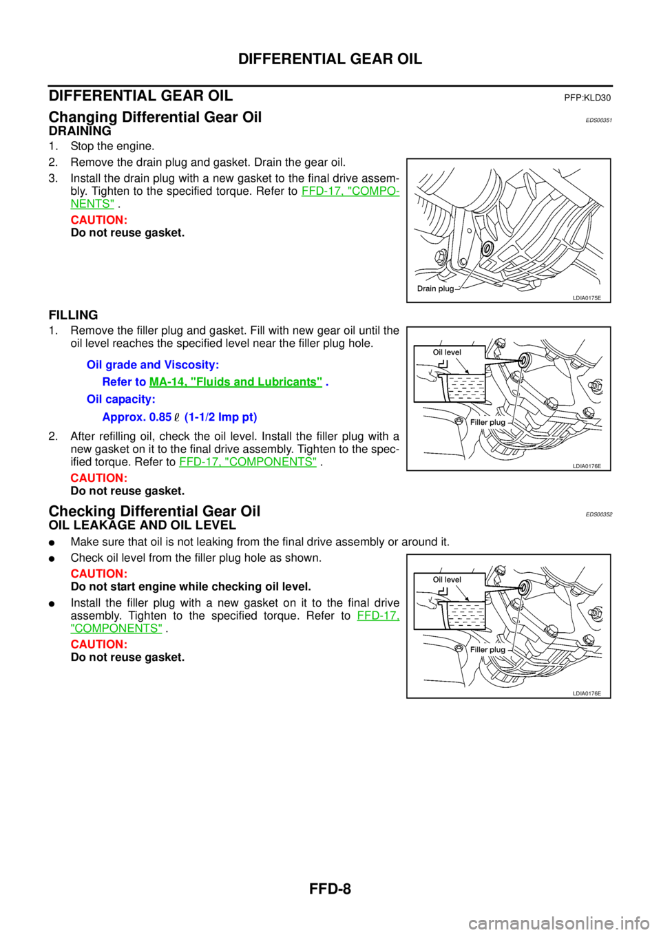 NISSAN NAVARA 2005 Repair Workshop Manual FFD-8
DIFFERENTIAL GEAR OIL
DIFFERENTIAL GEAR OIL
PFP:KLD30
Changing Differential Gear OilEDS00351
DRAINING
1. Stop the engine.
2. Remove the drain plug and gasket. Drain the gear oil.
3. Install the NISSAN NAVARA 2005 Repair Workshop Manual FFD-8
DIFFERENTIAL GEAR OIL
DIFFERENTIAL GEAR OIL
PFP:KLD30
Changing Differential Gear OilEDS00351
DRAINING
1. Stop the engine.
2. Remove the drain plug and gasket. Drain the gear oil.
3. Install the