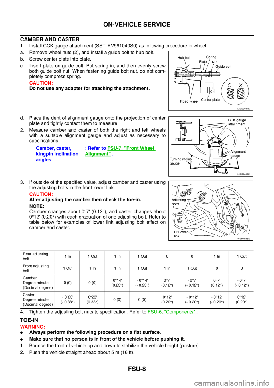NISSAN NAVARA 2005  Repair Workshop Manual FSU-8
ON-VEHICLE SERVICE
CAMBER AND CASTER
1. Install CCK gauge attachment (SST: KV991040S0) as following procedure in wheel.
a. Remove wheel nuts (2), and install a guide bolt to hub bolt.
b. Screw c