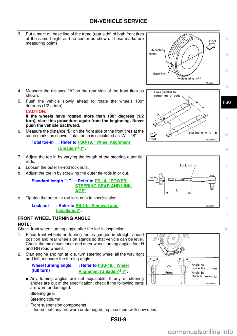 NISSAN NAVARA 2005  Repair Workshop Manual ON-VEHICLE SERVICE
FSU-9
C
D
F
G
H
I
J
K
L
MA
B
FSU
3. Put a mark on base line of the tread (rear side) of both front tires
at the same height as hub center as shown. These marks are
measuring points.