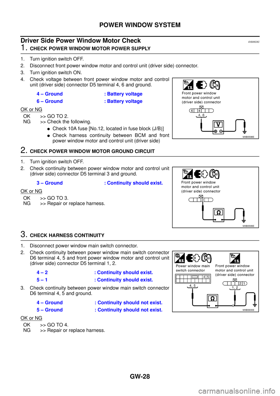 NISSAN NAVARA 2005  Repair Workshop Manual GW-28
POWER WINDOW SYSTEM
Driver Side Power Window Motor Check
EIS00C0C
1.CHECK POWER WINDOW MOTOR POWER SUPPLY
1. Turn ignition switch OFF.
2. Disconnect front power window motor and control unit (dr