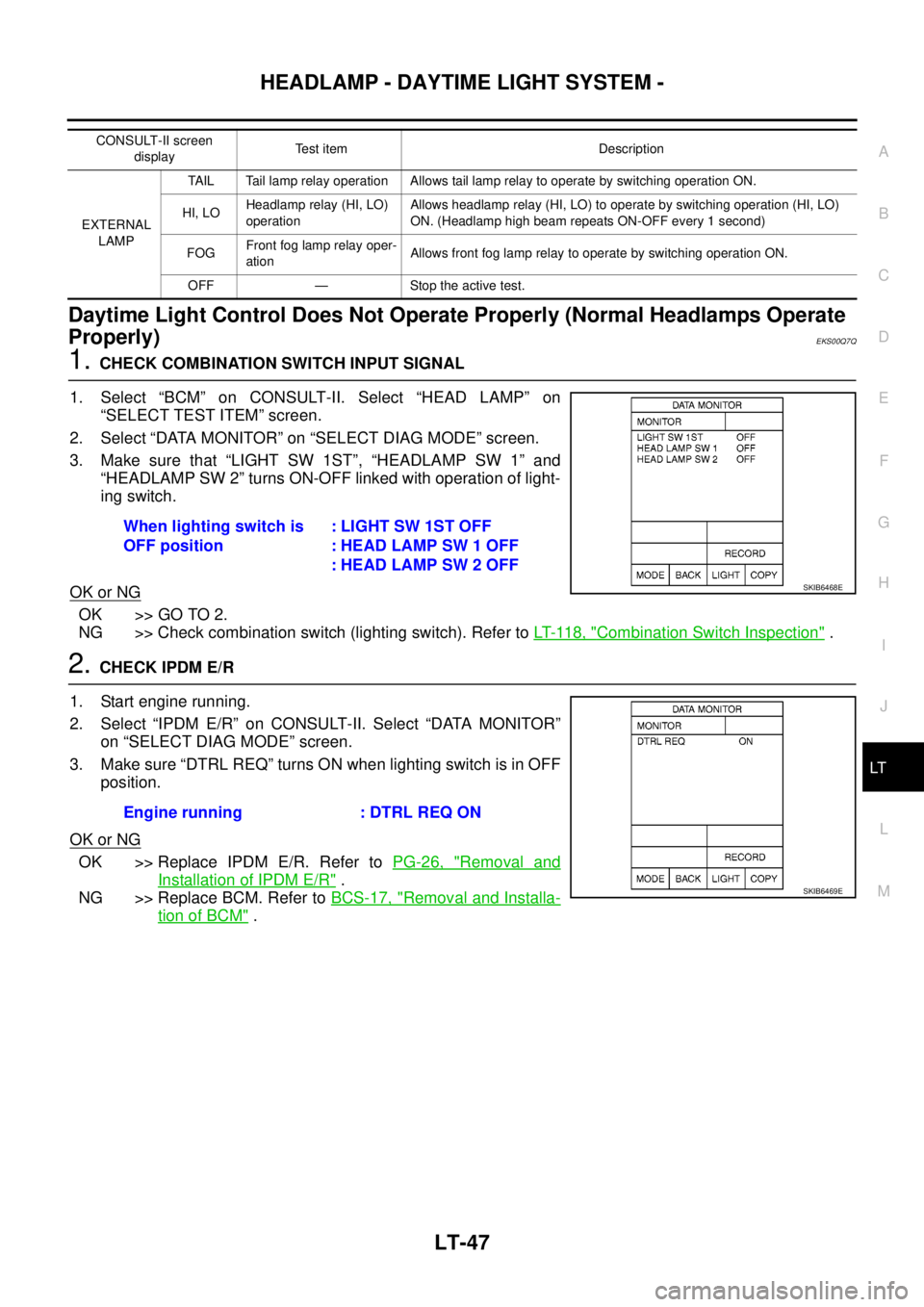NISSAN NAVARA 2005  Repair Workshop Manual HEADLAMP - DAYTIME LIGHT SYSTEM -
LT-47
C
D
E
F
G
H
I
J
L
MA
B
LT
Daytime Light Control Does Not Operate Properly (Normal Headlamps Operate
Properly)
EKS00Q7Q
1.CHECK COMBINATION SWITCH INPUT SIGNAL
1