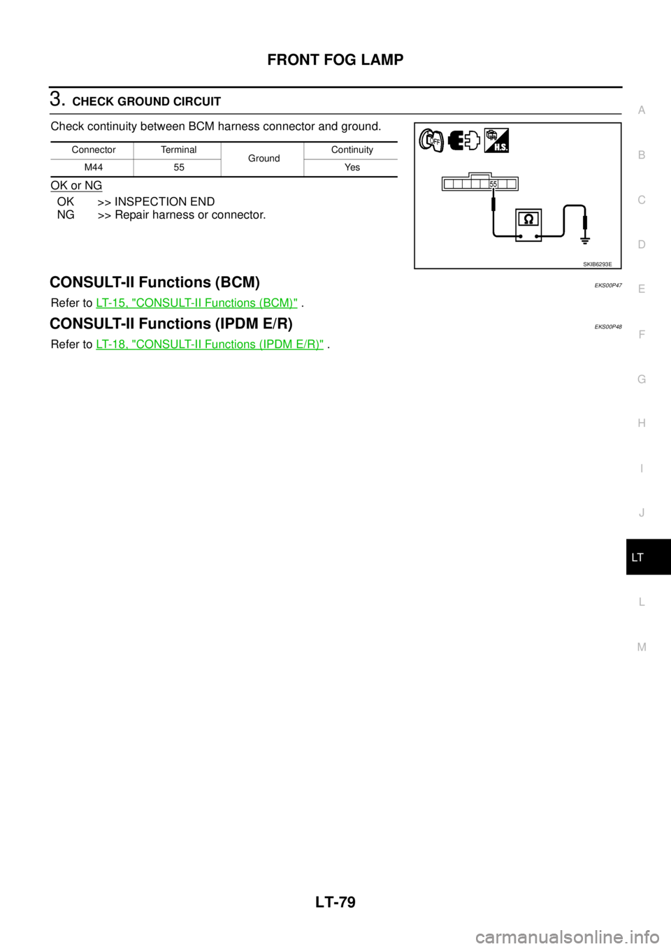 NISSAN NAVARA 2005  Repair Workshop Manual FRONT FOG LAMP
LT-79
C
D
E
F
G
H
I
J
L
MA
B
LT
3.CHECK GROUND CIRCUIT
Check continuity between BCM harness connector and ground.
OK or NG
OK >> INSPECTION END
NG >> Repair harness or connector.
CONSUL