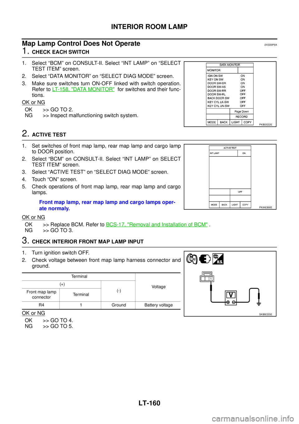 NISSAN NAVARA 2005  Repair Workshop Manual LT-160
INTERIOR ROOM LAMP
Map Lamp Control Does Not Operate
EKS00P9A
1.CHECK EACH SWITCH
1. Select “BCM” on CONSULT-II. Select “INT LAMP” on “SELECT
TEST ITEM” screen.
2. Select “DATA MO