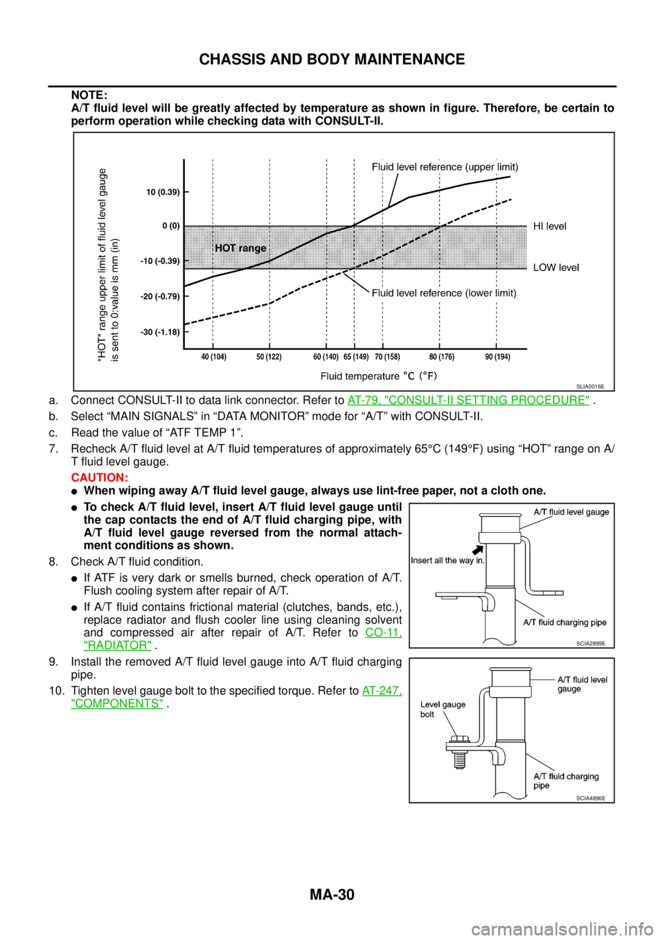 NISSAN NAVARA 2005 Repair Workshop Manual MA-30
CHASSIS AND BODY MAINTENANCE
NOTE:
A/T fluid level will be greatly affected by temperature as shown in figure. Therefore, be certain to
perform operation while checking data with CONSULT-II.
a. NISSAN NAVARA 2005 Repair Workshop Manual MA-30
CHASSIS AND BODY MAINTENANCE
NOTE:
A/T fluid level will be greatly affected by temperature as shown in figure. Therefore, be certain to
perform operation while checking data with CONSULT-II.
a.