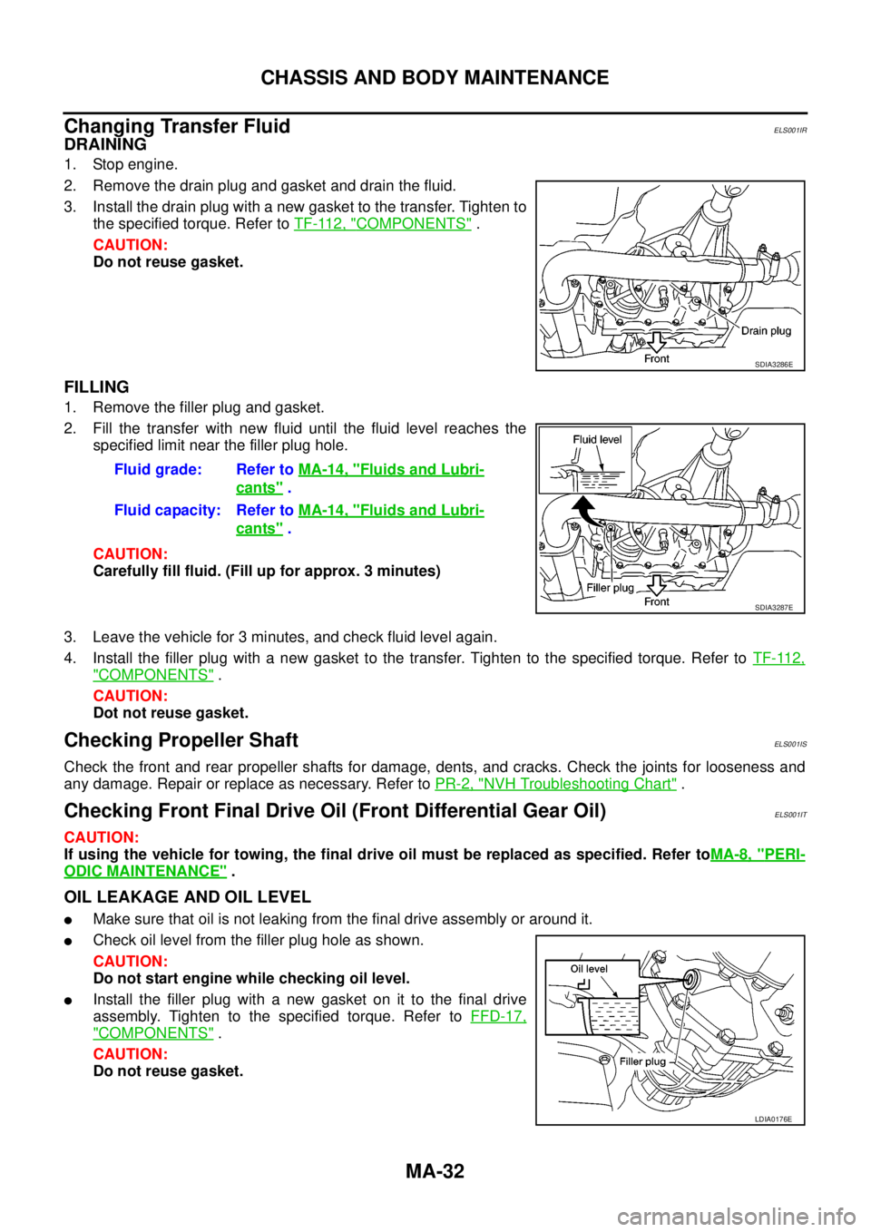 NISSAN NAVARA 2005 Repair Workshop Manual MA-32
CHASSIS AND BODY MAINTENANCE
Changing Transfer Fluid
ELS001IR
DRAINING
1. Stop engine.
2. Remove the drain plug and gasket and drain the fluid.
3. Install the drain plug with a new gasket to the NISSAN NAVARA 2005 Repair Workshop Manual MA-32
CHASSIS AND BODY MAINTENANCE
Changing Transfer Fluid
ELS001IR
DRAINING
1. Stop engine.
2. Remove the drain plug and gasket and drain the fluid.
3. Install the drain plug with a new gasket to the