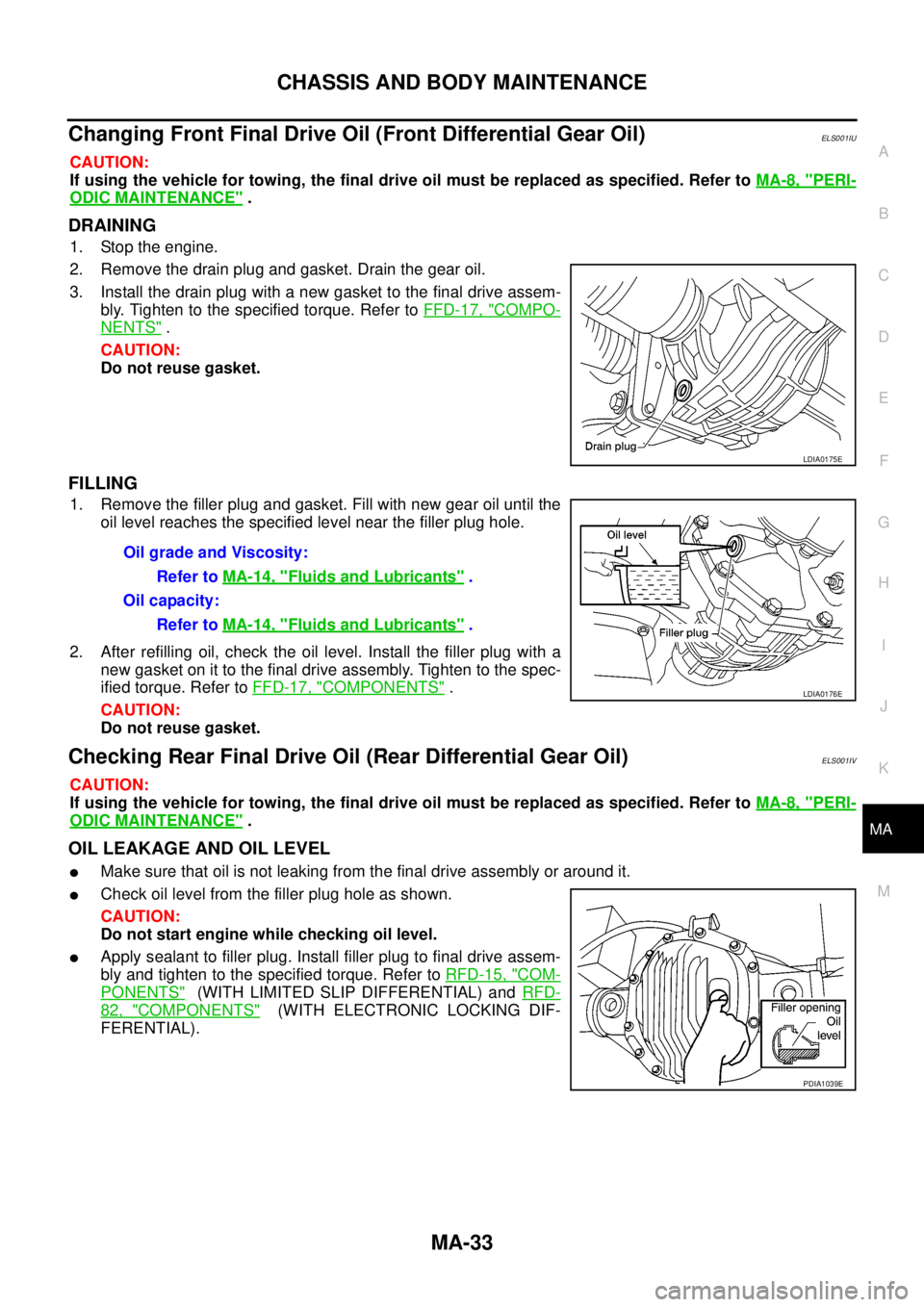 NISSAN NAVARA 2005 Repair Workshop Manual CHASSIS AND BODY MAINTENANCE
MA-33
C
D
E
F
G
H
I
J
K
MA
B
MA
Changing Front Final Drive Oil (Front Differential Gear Oil)ELS001IU
CAUTION:
If using the vehicle for towing, the final drive oil must be NISSAN NAVARA 2005 Repair Workshop Manual CHASSIS AND BODY MAINTENANCE
MA-33
C
D
E
F
G
H
I
J
K
MA
B
MA
Changing Front Final Drive Oil (Front Differential Gear Oil)ELS001IU
CAUTION:
If using the vehicle for towing, the final drive oil must be