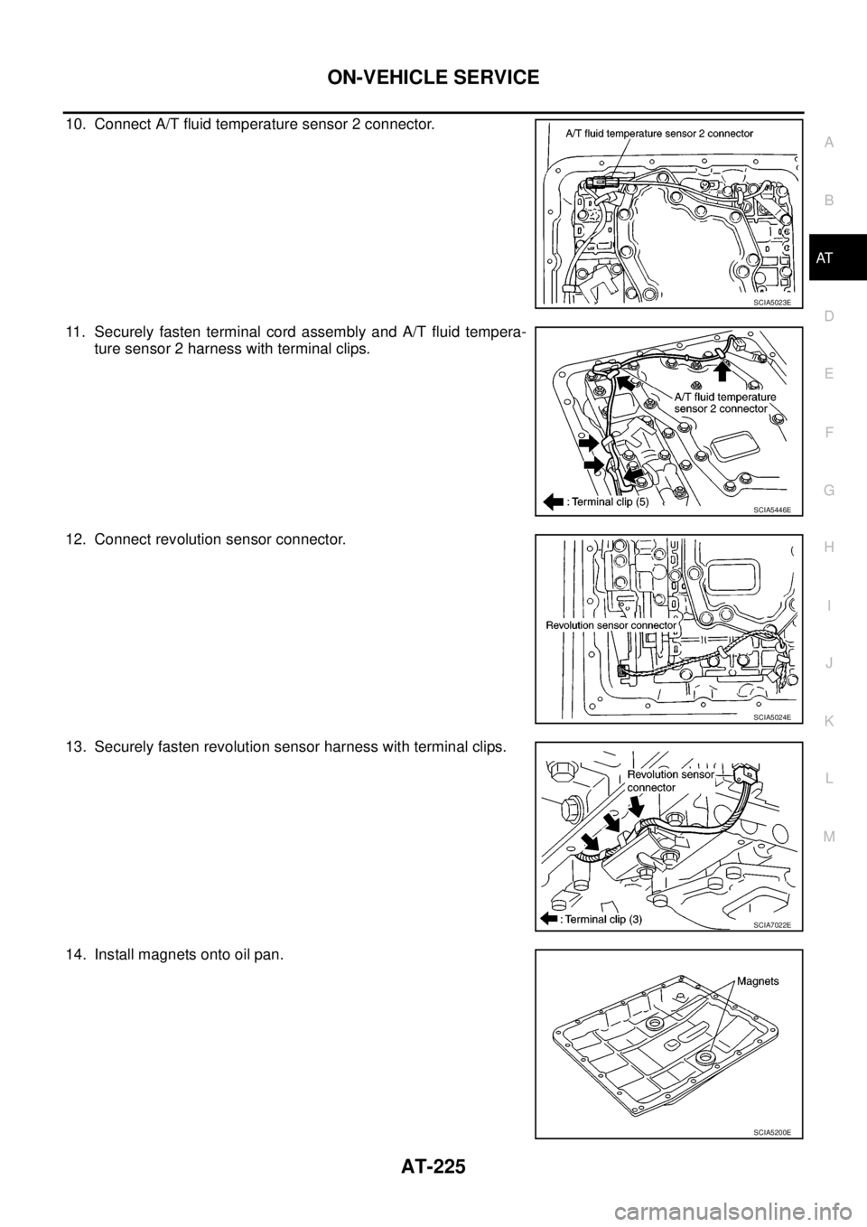 NISSAN NAVARA 2005  Repair Workshop Manual ON-VEHICLE SERVICE
AT-225
D
E
F
G
H
I
J
K
L
MA
B
AT
10. Connect A/T fluid temperature sensor 2 connector.
11. Securely fasten terminal cord assembly and A/T fluid tempera-
ture sensor 2 harness with t