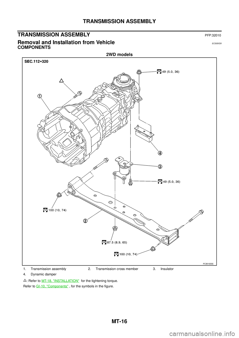 NISSAN NAVARA 2005  Repair Workshop Manual MT-16
TRANSMISSION ASSEMBLY
TRANSMISSION ASSEMBLY
PFP:32010
Removal and Installation from VehicleECS00ID9
COMPONENTS
2WD models
PCIB1655E
1. Transmission assembly 2. Transmission cross member 3. Insul