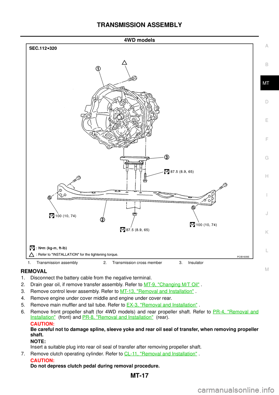 NISSAN NAVARA 2005  Repair Workshop Manual TRANSMISSION ASSEMBLY
MT-17
D
E
F
G
H
I
J
K
L
MA
B
MT
4WD models
REMOVAL
1. Disconnect the battery cable from the negative terminal.
2. Drain gear oil, if remove transfer assembly. Refer toMT-9, "
Cha