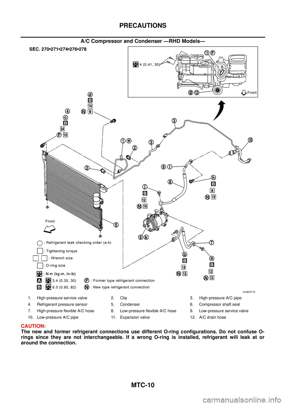 NISSAN NAVARA 2005  Repair Workshop Manual MTC-10
PRECAUTIONS
A/C Compressor and Condenser —RHD Models—
CAUTION:
The new and former refrigerant connections use different O-ring configurations. Do not confuse O-
rings since they are not int