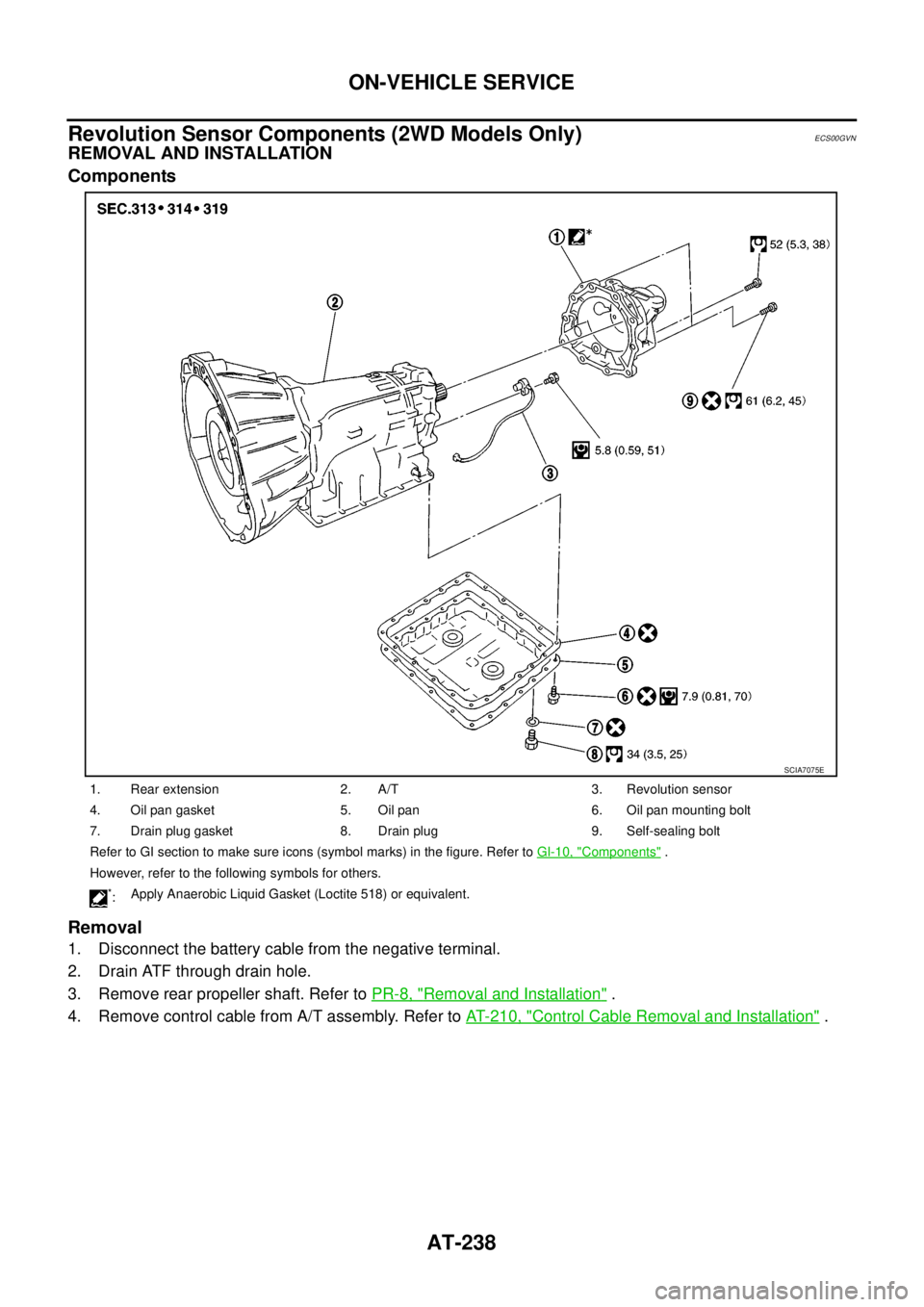 NISSAN NAVARA 2005  Repair Workshop Manual AT-238
ON-VEHICLE SERVICE
Revolution Sensor Components (2WD Models Only)
ECS00GVN
REMOVAL AND INSTALLATION
Components
Removal
1. Disconnect the battery cable from the negative terminal.
2. Drain ATF t