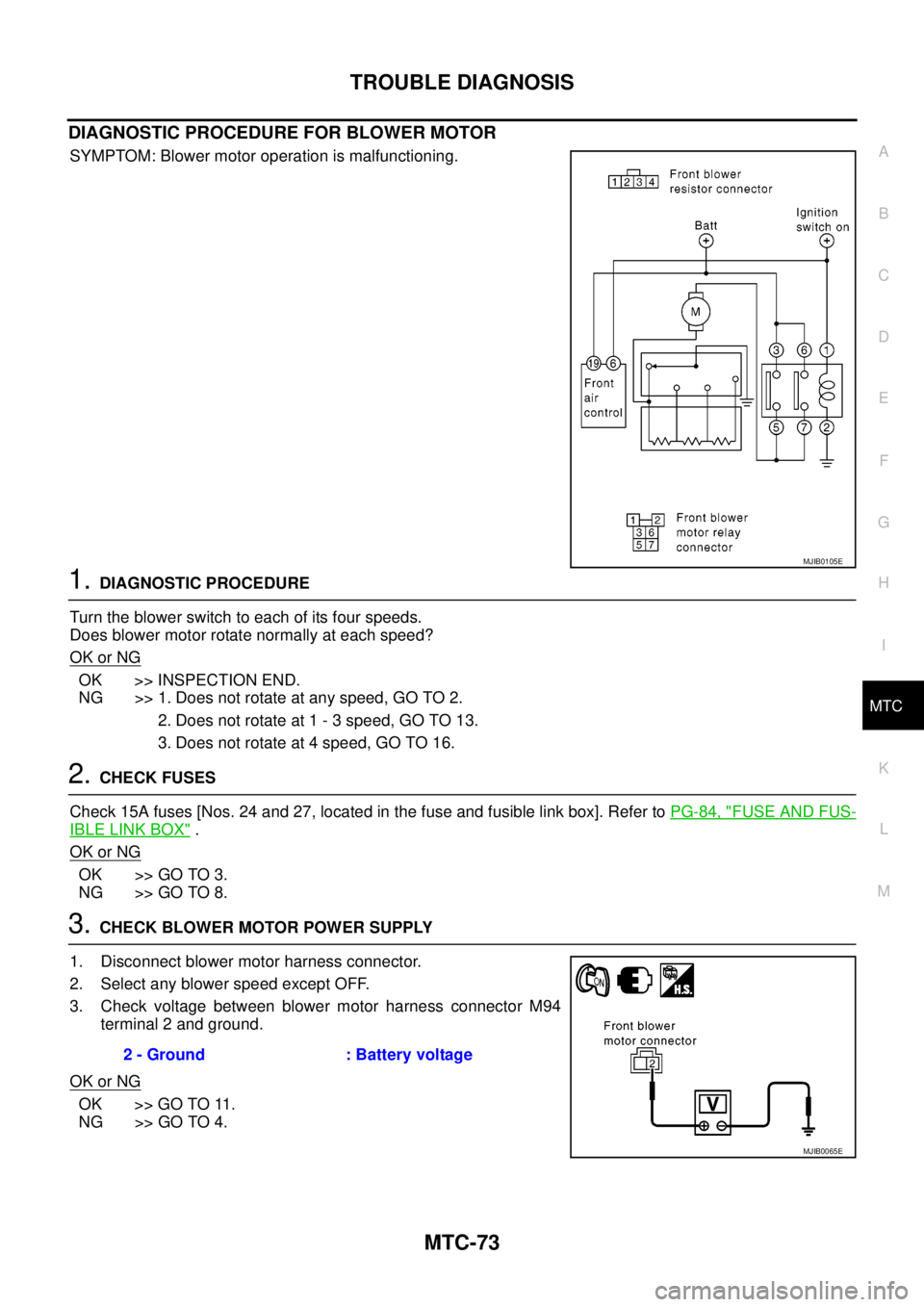 NISSAN NAVARA 2005  Repair Workshop Manual TROUBLE DIAGNOSIS
MTC-73
C
D
E
F
G
H
I
K
L
MA
B
MTC
DIAGNOSTIC PROCEDURE FOR BLOWER MOTOR
SYMPTOM: Blower motor operation is malfunctioning.
1.DIAGNOSTIC PROCEDURE
Turntheblowerswitchtoeachofitsfoursp