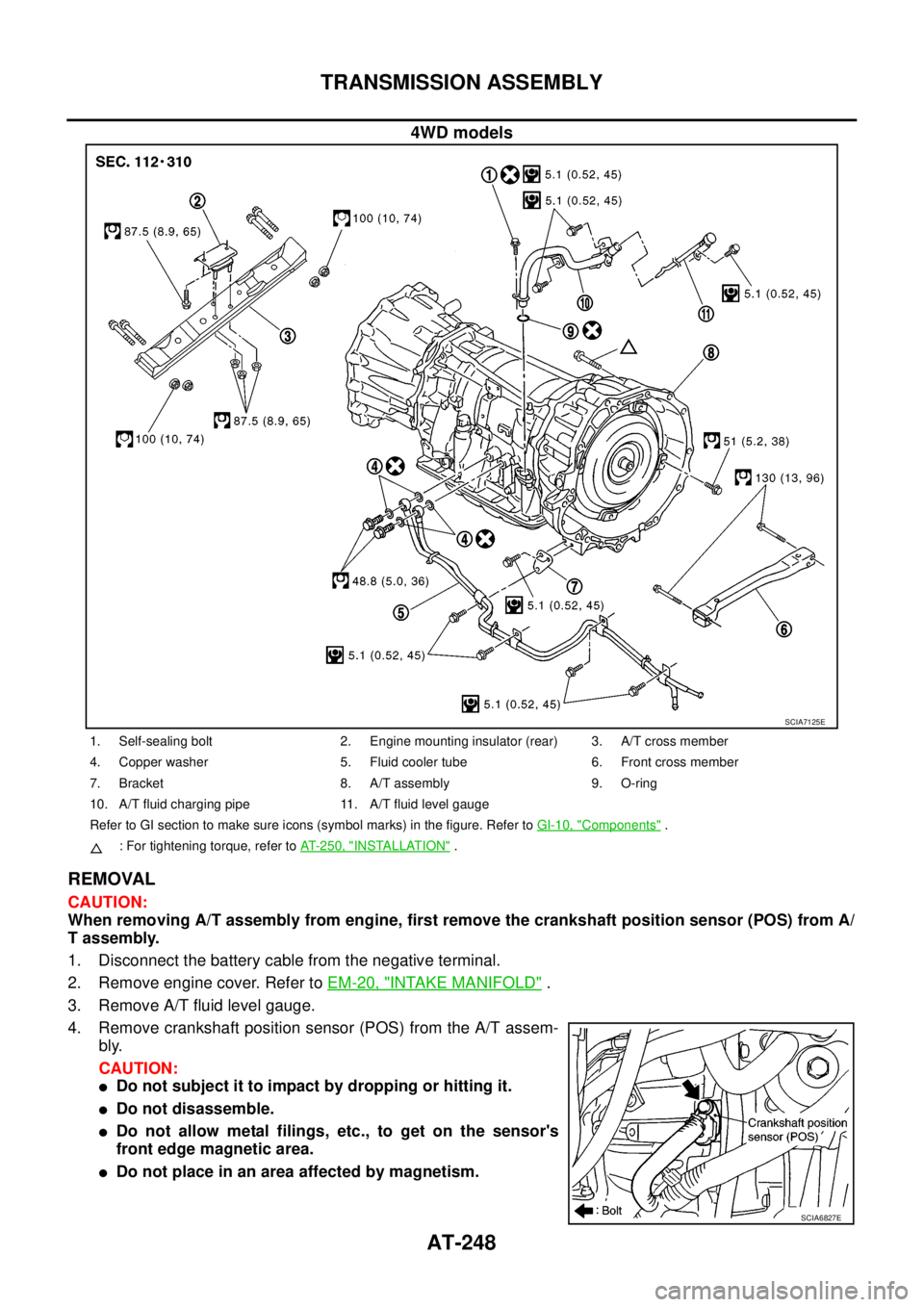NISSAN NAVARA 2005  Repair Workshop Manual AT-248
TRANSMISSION ASSEMBLY
4WD models
REMOVAL
CAUTION:
When removing A/T assembly from engine, first remove the crankshaft position sensor (POS) from A/
T assembly.
1. Disconnect the battery cable f