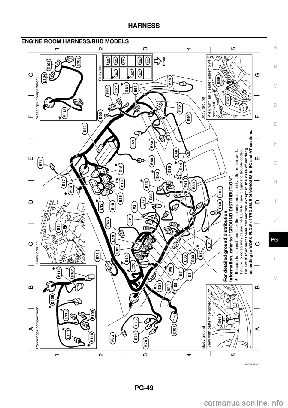 NISSAN NAVARA 2005  Repair Workshop Manual HARNESS
PG-49
C
D
E
F
G
H
I
J
L
MA
B
PG
ENGINE ROOM HARNESS/RHD MODELS
MKWA3854E 