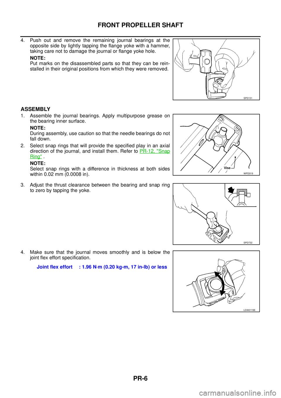 NISSAN NAVARA 2005  Repair Workshop Manual PR-6
FRONT PROPELLER SHAFT
4. Push out and remove the remaining journal bearings at the
opposite side by lightly tapping the flange yoke with a hammer,
taking care not to damage the journal or flange 