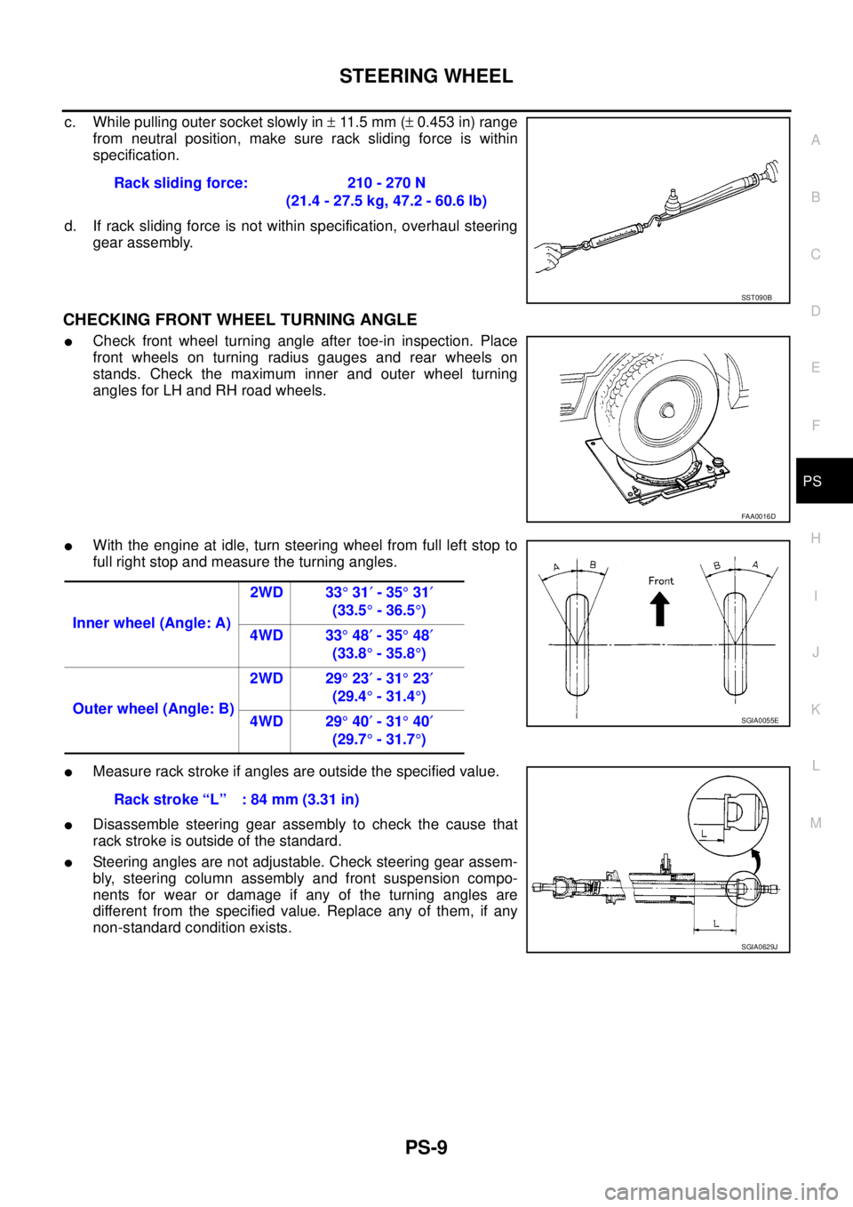 NISSAN NAVARA 2005  Repair Workshop Manual STEERING WHEEL
PS-9
C
D
E
F
H
I
J
K
L
MA
B
PS
c. While pulling outer socket slowly in±11 . 5 m m (±0.453 in) range
from neutral position, make sure rack sliding force is within
specification.
d. If 