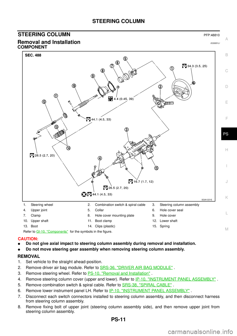 NISSAN NAVARA 2005  Repair Workshop Manual STEERING COLUMN
PS-11
C
D
E
F
H
I
J
K
L
MA
B
PS
STEERING COLUMNPFP:48810
Removal and InstallationEGS001LI
COMPONENT
CAUTION:
lDo not give axial impact to steering column assembly during removal and in