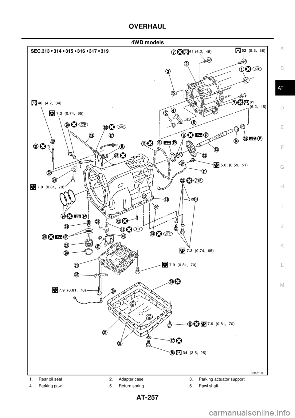 NISSAN NAVARA 2005  Repair Workshop Manual OVERHAUL
AT-257
D
E
F
G
H
I
J
K
L
MA
B
AT
4WD models
SCIA7313E
1. Rear oil seal 2. Adapter case 3. Parking actuator support
4. Parking pawl 5. Return spring 6. Pawl shaft 