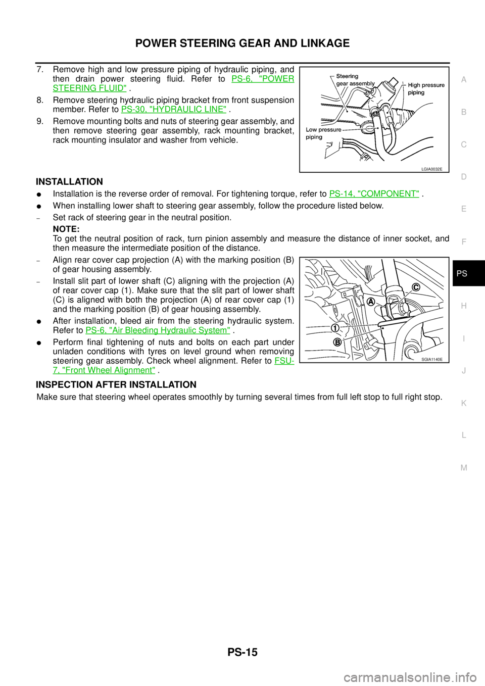 NISSAN NAVARA 2005  Repair Workshop Manual POWER STEERING GEAR AND LINKAGE
PS-15
C
D
E
F
H
I
J
K
L
MA
B
PS
7. Remove high and low pressure piping of hydraulic piping, and
then drain power steering fluid. Refer toPS-6, "
POWER
STEERING FLUID".

