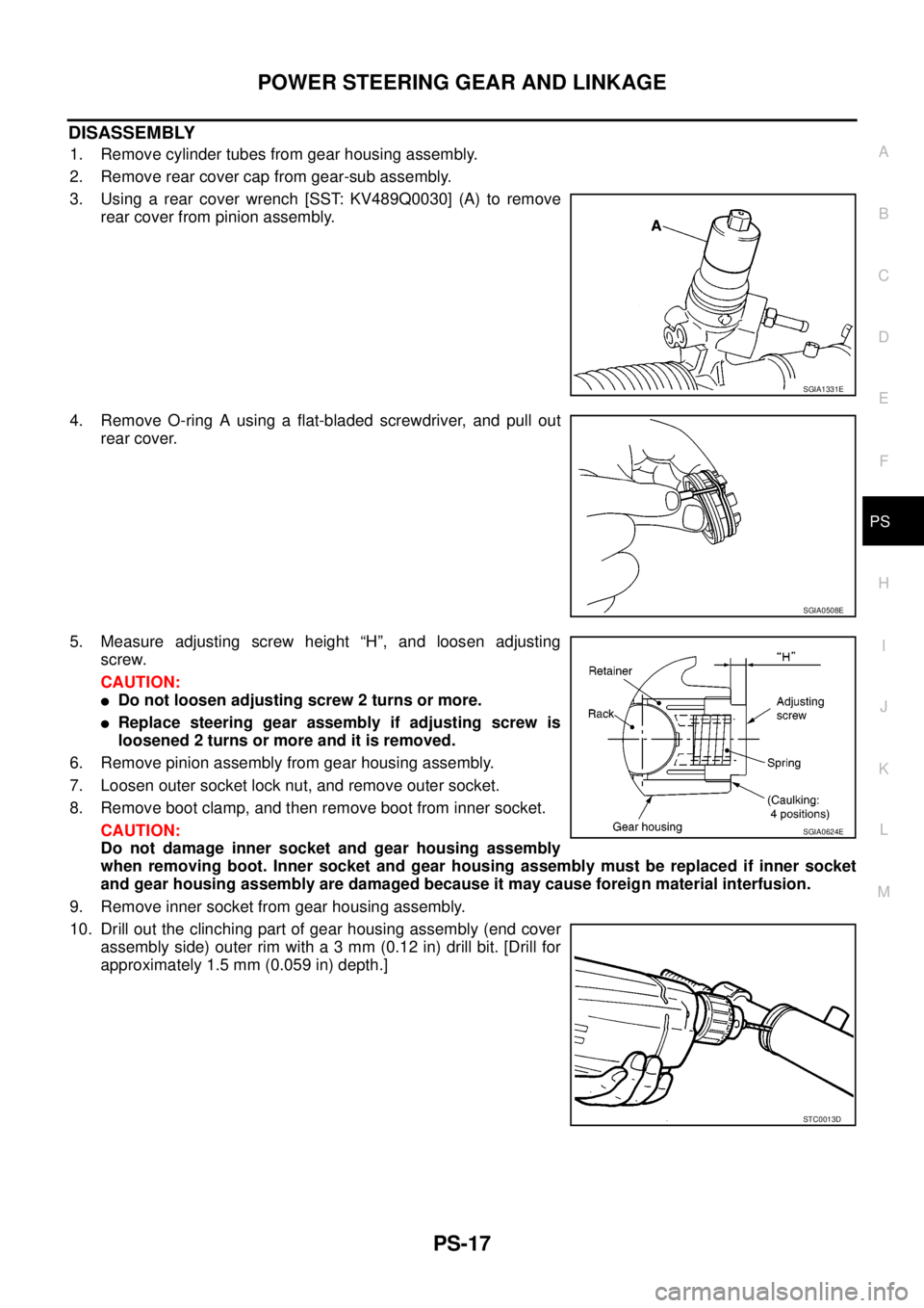 NISSAN NAVARA 2005  Repair Workshop Manual POWER STEERING GEAR AND LINKAGE
PS-17
C
D
E
F
H
I
J
K
L
MA
B
PS
DISASSEMBLY
1. Remove cylinder tubes from gear housing assembly.
2. Remove rear cover cap from gear-sub assembly.
3. Using a rear cover 