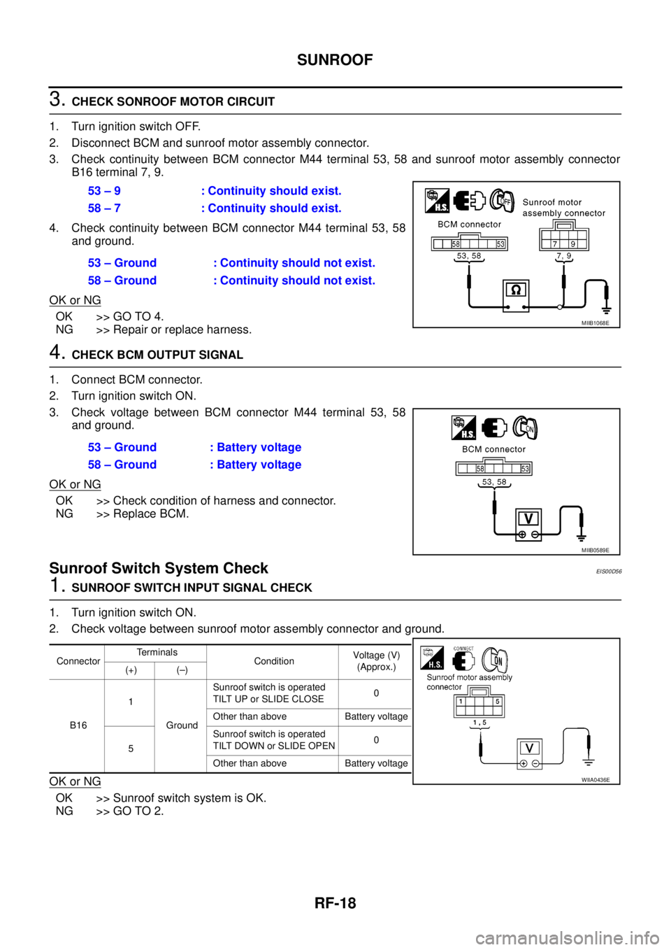 NISSAN NAVARA 2005  Repair Workshop Manual RF-18
SUNROOF
3.CHECK SONROOF MOTOR CIRCUIT
1. Turn ignition switch OFF.
2. Disconnect BCM and sunroof motor assembly connector.
3. Check continuity between BCM connector M44 terminal 53, 58 and sunro