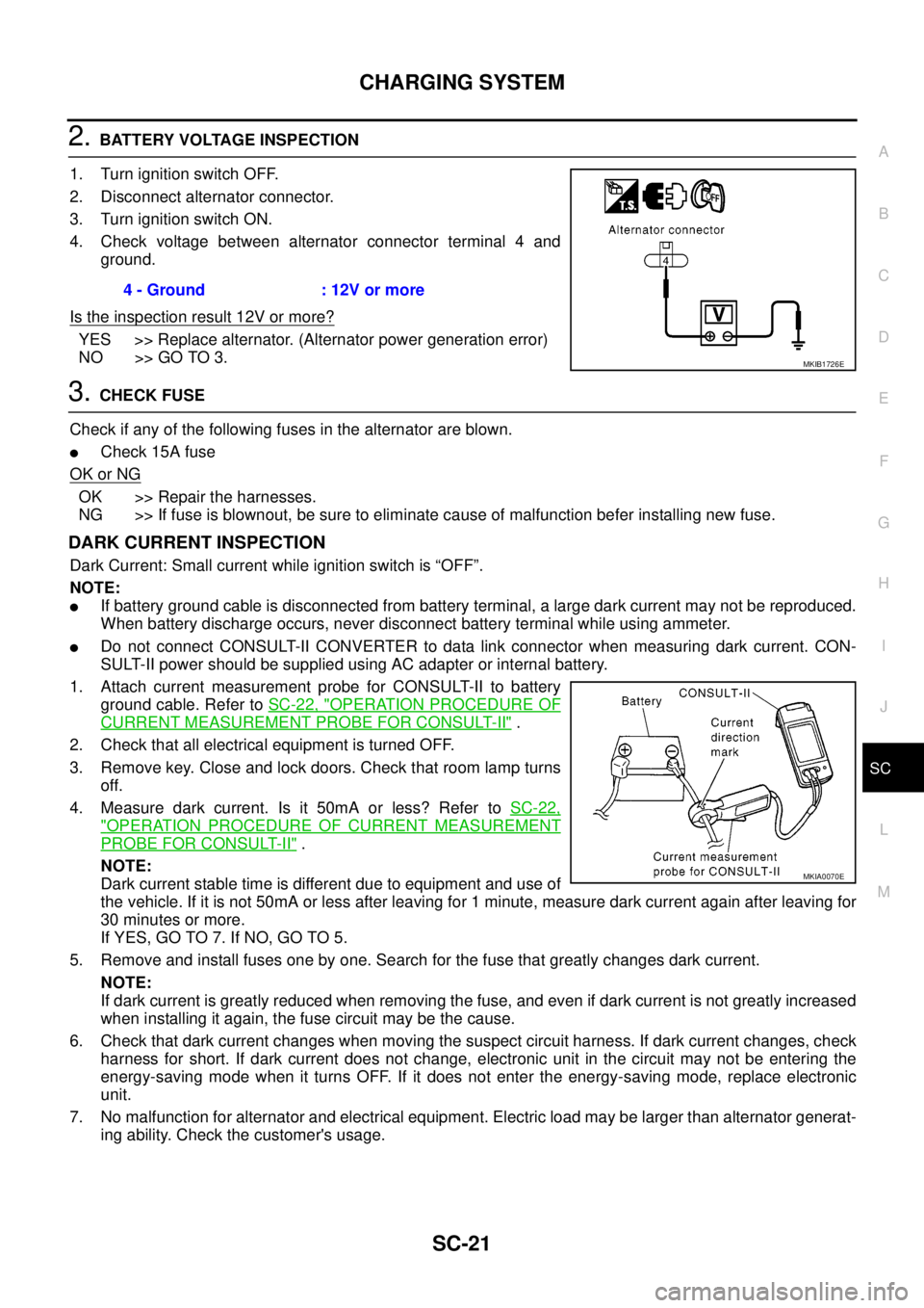 NISSAN NAVARA 2005 Repair Workshop Manual CHARGING SYSTEM
SC-21
C
D
E
F
G
H
I
J
L
MA
B
SC
2.BATTERY VOLTAGE INSPECTION
1. Turn ignition switch OFF.
2. Disconnect alternator connector.
3. Turn ignition switch ON.
4. Check voltage between alter NISSAN NAVARA 2005 Repair Workshop Manual CHARGING SYSTEM
SC-21
C
D
E
F
G
H
I
J
L
MA
B
SC
2.BATTERY VOLTAGE INSPECTION
1. Turn ignition switch OFF.
2. Disconnect alternator connector.
3. Turn ignition switch ON.
4. Check voltage between alter