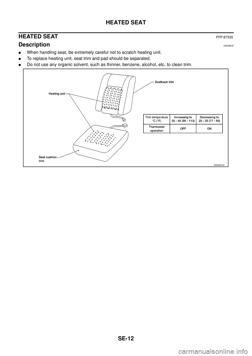 NISSAN NAVARA 2005  Repair Workshop Manual SE-12
HEATED SEAT
HEATED SEAT
PFP:87335
DescriptionEIS00BC8
lWhen handling seat, be extremely careful not to scratch heating unit.
lTo replace heating unit, seat trim and pad should be separated.
lDo 