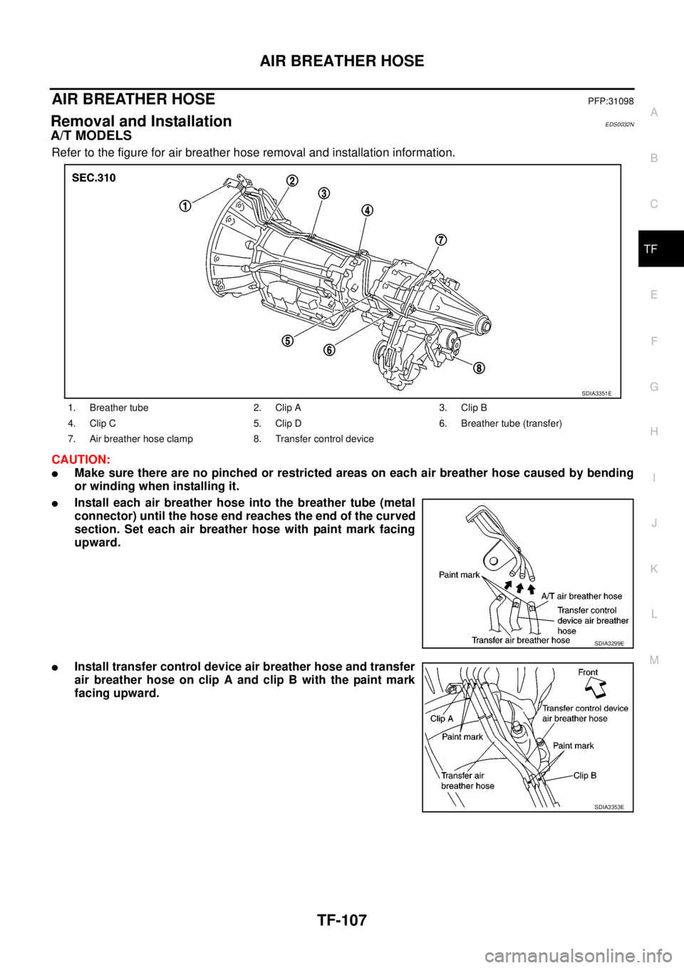 NISSAN NAVARA 2005  Repair Workshop Manual AIR BREATHER HOSE
TF-107
C
E
F
G
H
I
J
K
L
MA
B
TF
AIR BREATHER HOSEPFP:31098
Removal and InstallationEDS0032N
A/T MODELS
Refer to the figure for air breather hose removal and installation information