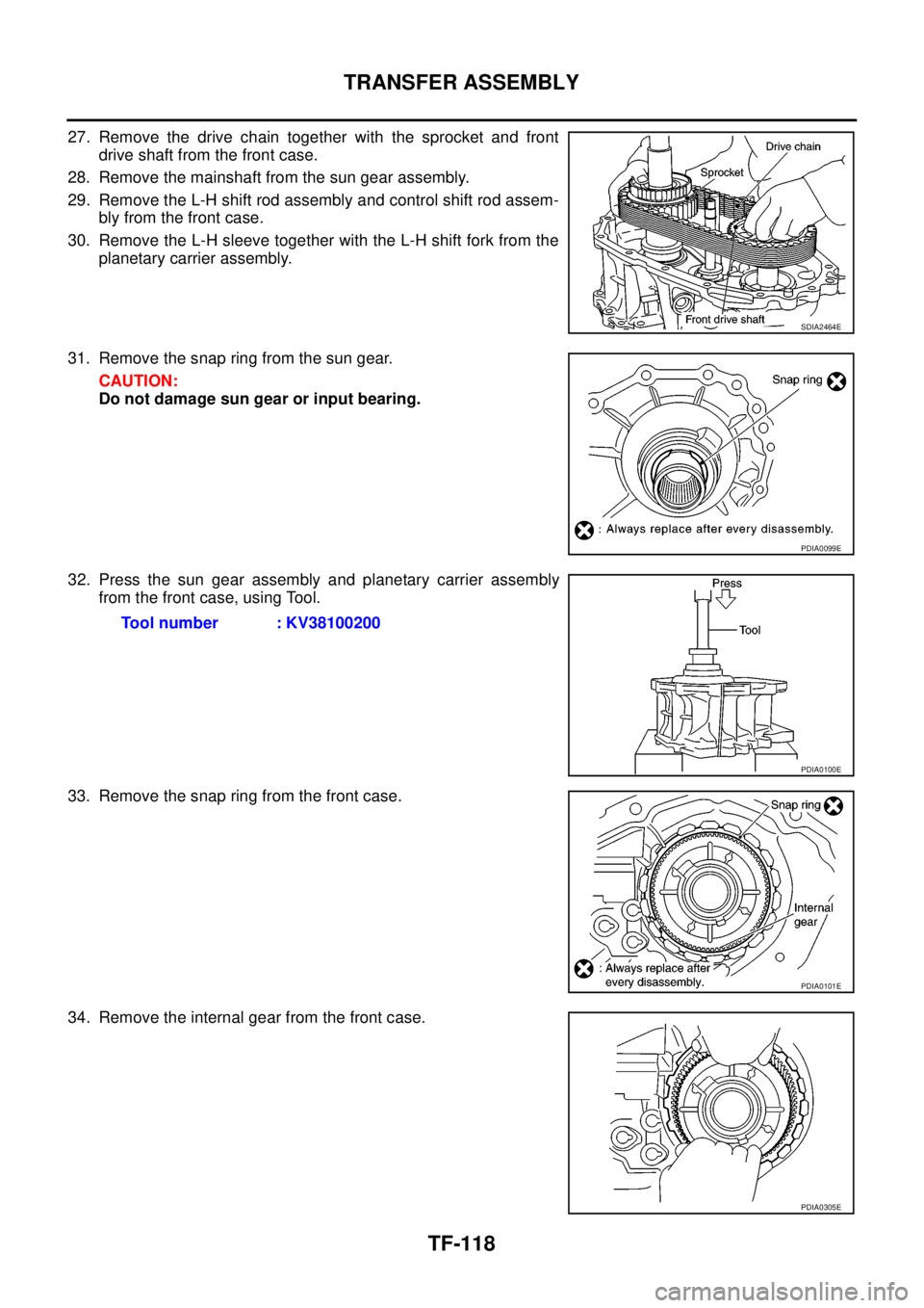 NISSAN NAVARA 2005  Repair Workshop Manual TF-118
TRANSFER ASSEMBLY
27. Remove the drive chain together with the sprocket and front
drive shaft from the front case.
28. Remove the mainshaft from the sun gear assembly.
29. Remove the L-H shift 