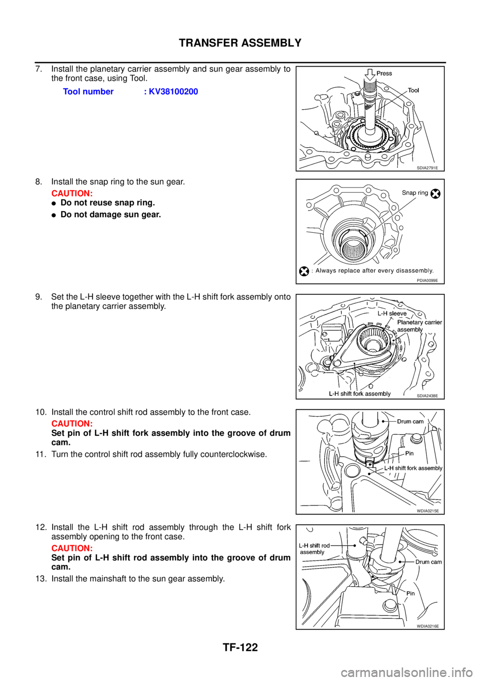NISSAN NAVARA 2005  Repair Workshop Manual TF-122
TRANSFER ASSEMBLY
7. Install the planetary carrier assembly and sun gear assembly to
the front case, using Tool.
8. Install the snap ring to the sun gear.
CAUTION:
lDo not reuse snap ring.
lDo 