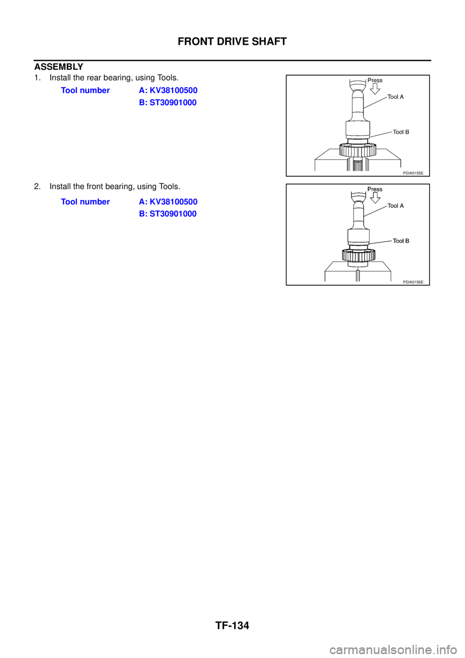 NISSAN NAVARA 2005  Repair Workshop Manual TF-134
FRONT DRIVE SHAFT
ASSEMBLY
1. Install the rear bearing, using Tools.
2. Install the front bearing, using Tools.Tool number A: KV38100500
B: ST30901000
PDIA0155E
Tool number A: KV38100500
B: ST3