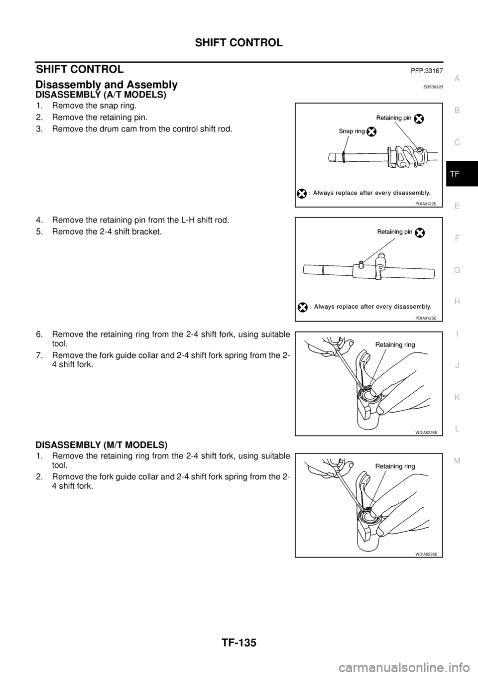 NISSAN NAVARA 2005  Repair Workshop Manual SHIFT CONTROL
TF-135
C
E
F
G
H
I
J
K
L
MA
B
TF
SHIFT CONTROLPFP:33167
Disassembly and AssemblyEDS0032S
DISASSEMBLY (A/T MODELS)
1. Remove the snap ring.
2. Remove the retaining pin.
3. Remove the drum
