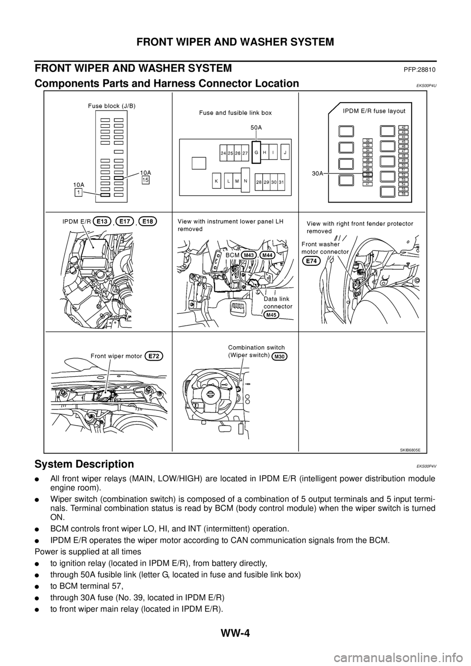 NISSAN NAVARA 2005  Repair Workshop Manual WW-4
FRONT WIPER AND WASHER SYSTEM
FRONT WIPER AND WASHER SYSTEM
PFP:28810
Components Parts and Harness Connector LocationEKS00P4U
System DescriptionEKS00P4V
lAll front wiper relays (MAIN, LOW/HIGH) a