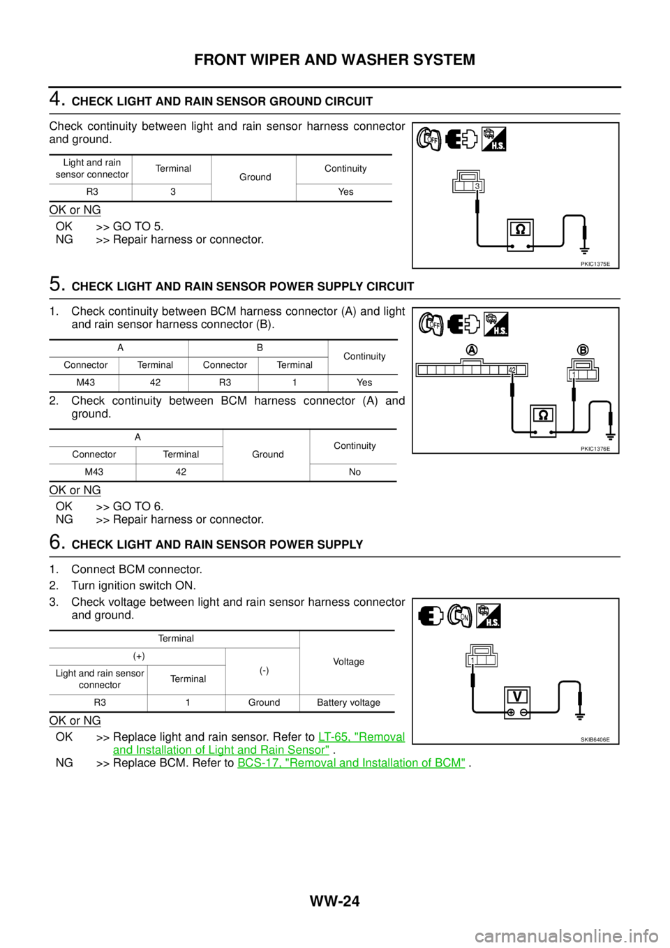 NISSAN NAVARA 2005  Repair Workshop Manual WW-24
FRONT WIPER AND WASHER SYSTEM
4.CHECK LIGHT AND RAIN SENSOR GROUND CIRCUIT
Check continuity between light and rain sensor harness connector
and ground.
OK or NG
OK >> GO TO 5.
NG >> Repair harne
